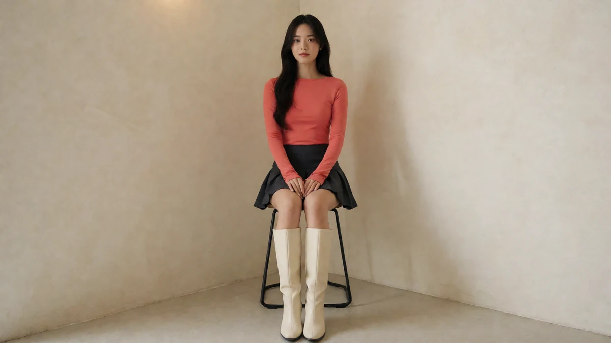 米色墙图：成年女子穿红色上衣和黑色短裙站在墙边