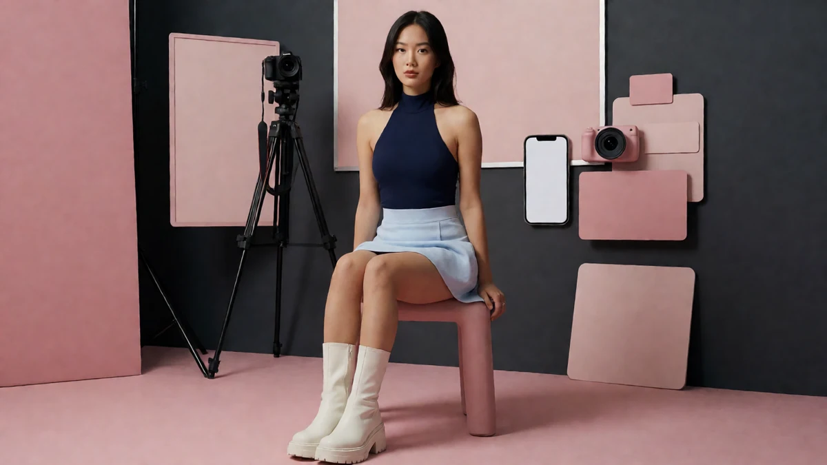 粉色摄影棚图：成年女子穿蓝色上衣和浅蓝短裙坐在摄影设备旁