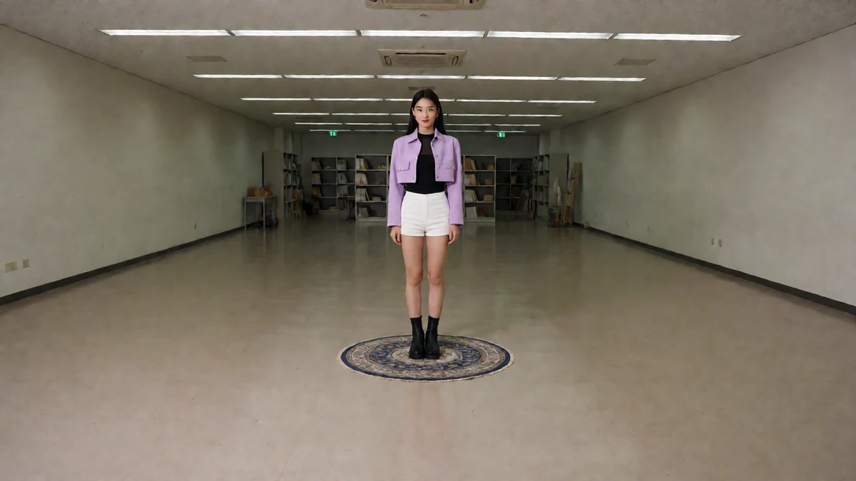 长廊图：成年女子穿浅紫外套和白色短裙站在长廊中央