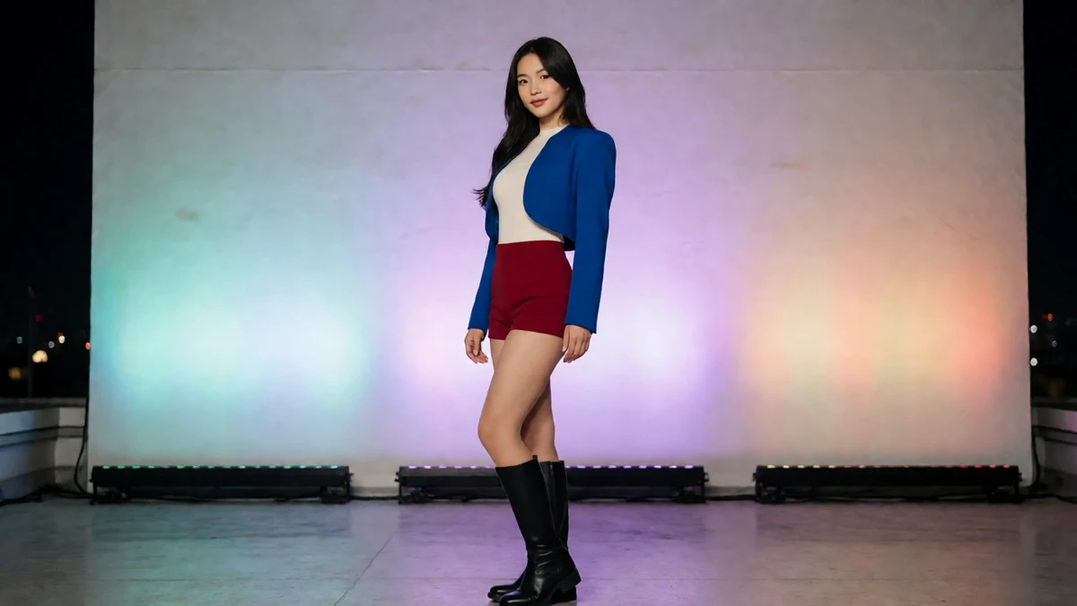 彩色灯光墙图：成年女子穿蓝色外套和红色短裙站在灯光墙前