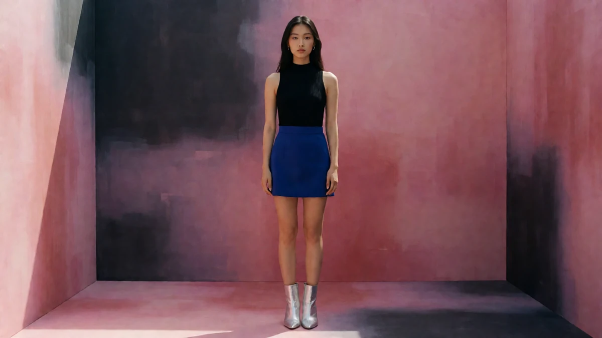 粉色室内图：成年女子穿黑色上衣和蓝色短裙站在粉色背景前